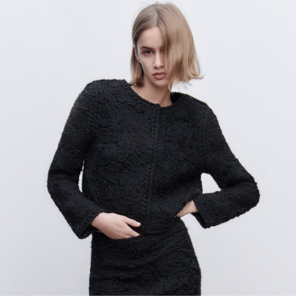 ZARA Black Cropped Wool Blend Classic Knit Jacket Cardigan Sz M